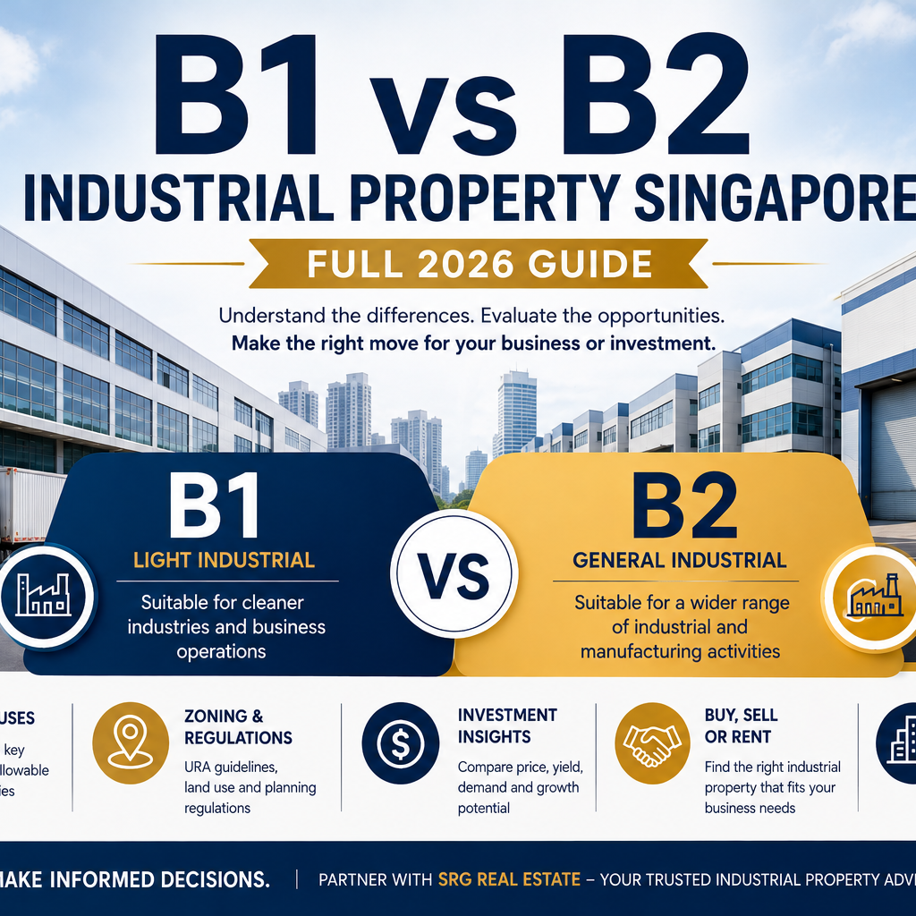 SRG Real Estate infographic comparing B1 and B2 industrial zoning in Singapore