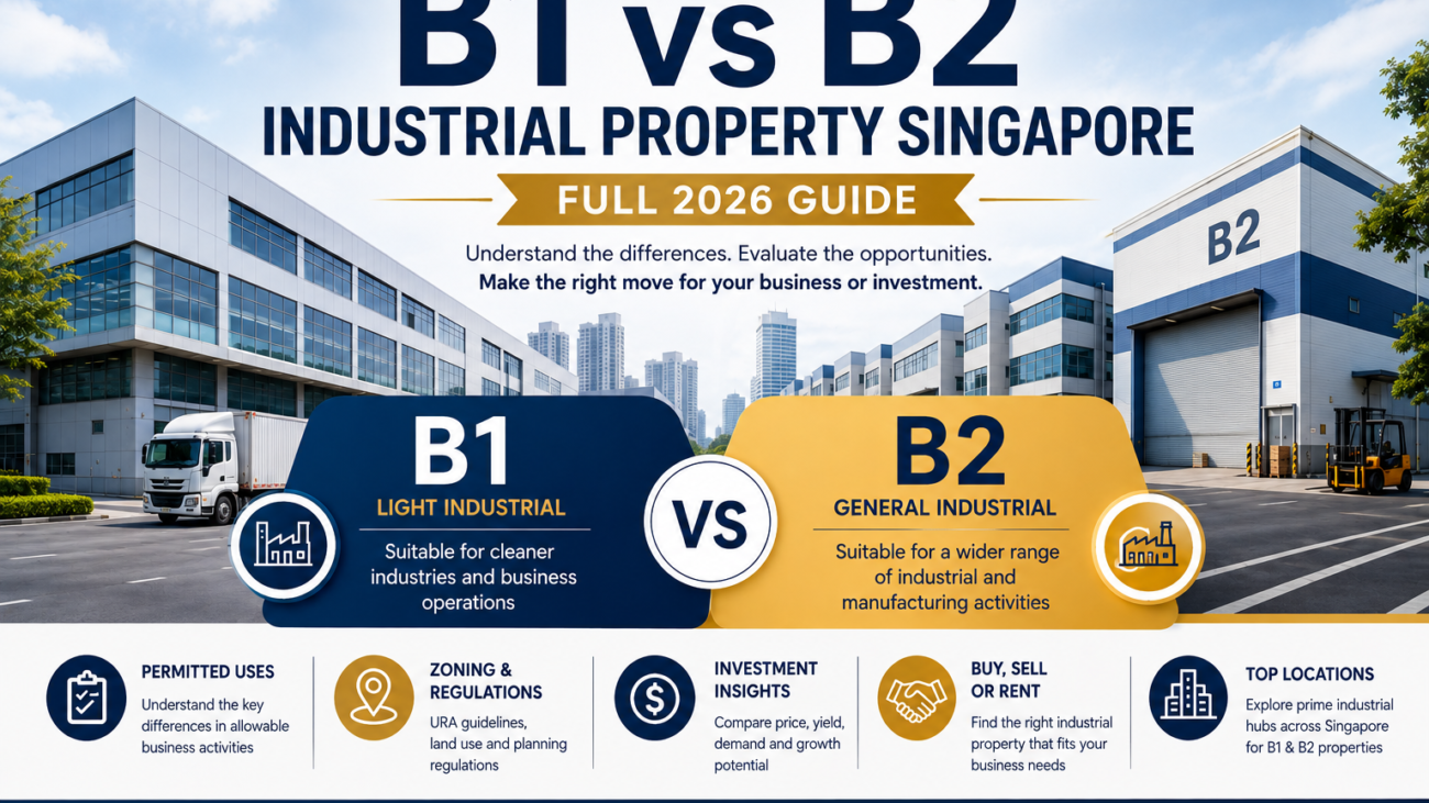 SRG Real Estate infographic comparing B1 and B2 industrial zoning in Singapore