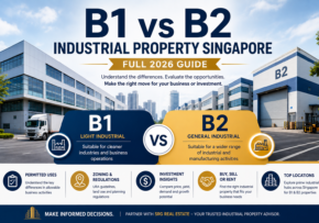 SRG Real Estate infographic comparing B1 and B2 industrial zoning in Singapore